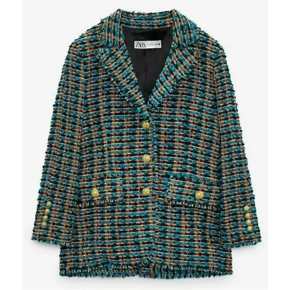 Zara NWT multicolor tweed blazer with gold button details SZ L - Picture 4 of 6